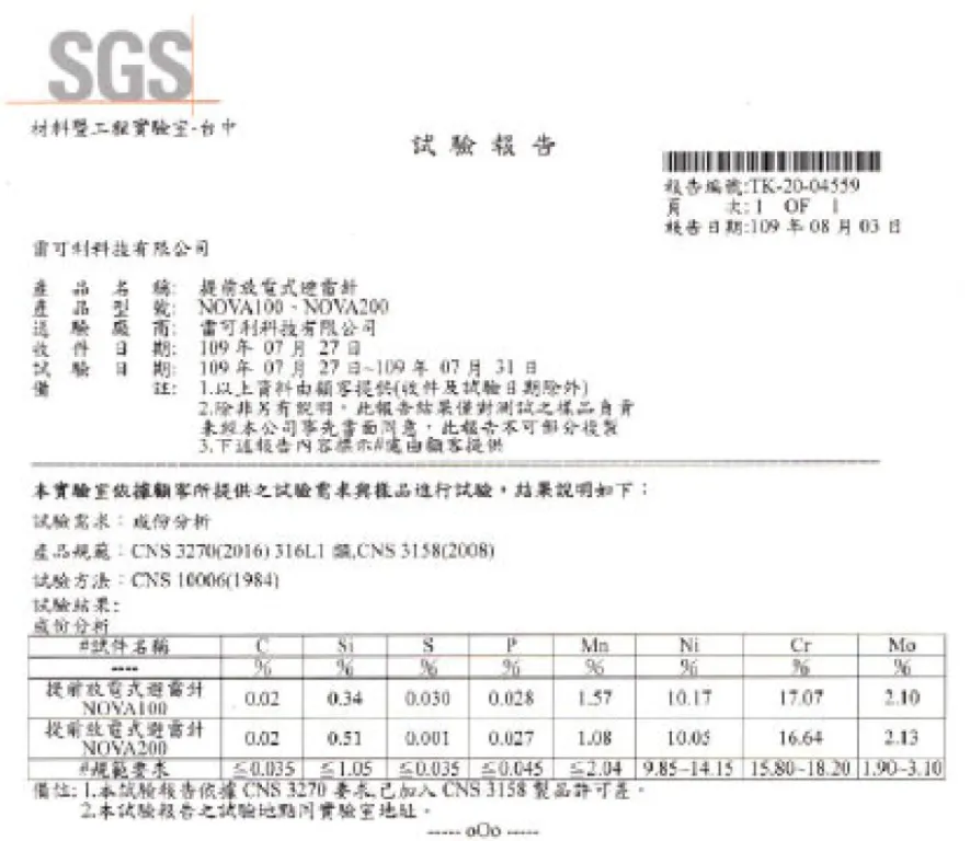 SGS 316L 不鏽鋼材質證明